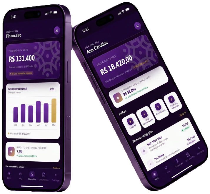 App AllMedical em dois iPhones — telas de início e financeiro